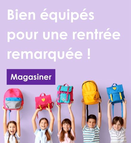 Bien équipés pour une rentrée remarquée Inscrit dans le haut et en-dessous 5 enfants tenant leurs sacs à dos au-dessus de leurs têtes